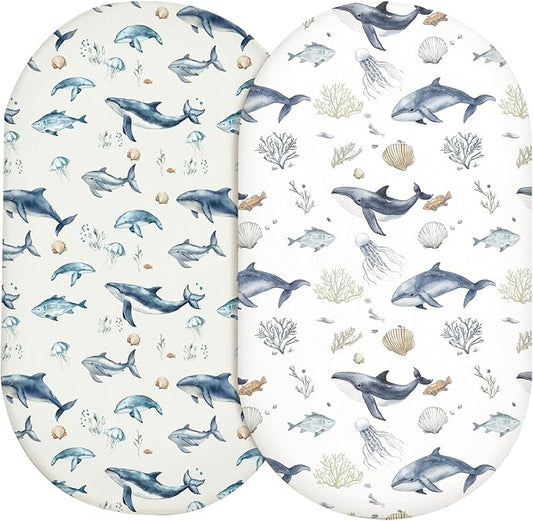 Bassinet Sheets for Baby Girls Boys 2 Pack, Fitted Baby Mattress Sheet for Rectangle, Oval, Hourglass Bassinet Mattress, Breathable Cozy & Universal Fit (Aquatic Adventures)