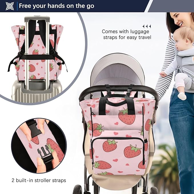 Cute Pink Strawberry Diaper Bag Backpack, Unisex Travel Baby Backpack Diaper Bags with Stroller Straps & Pacifier Case, Large Capacity Waterproof Diaper Backpack