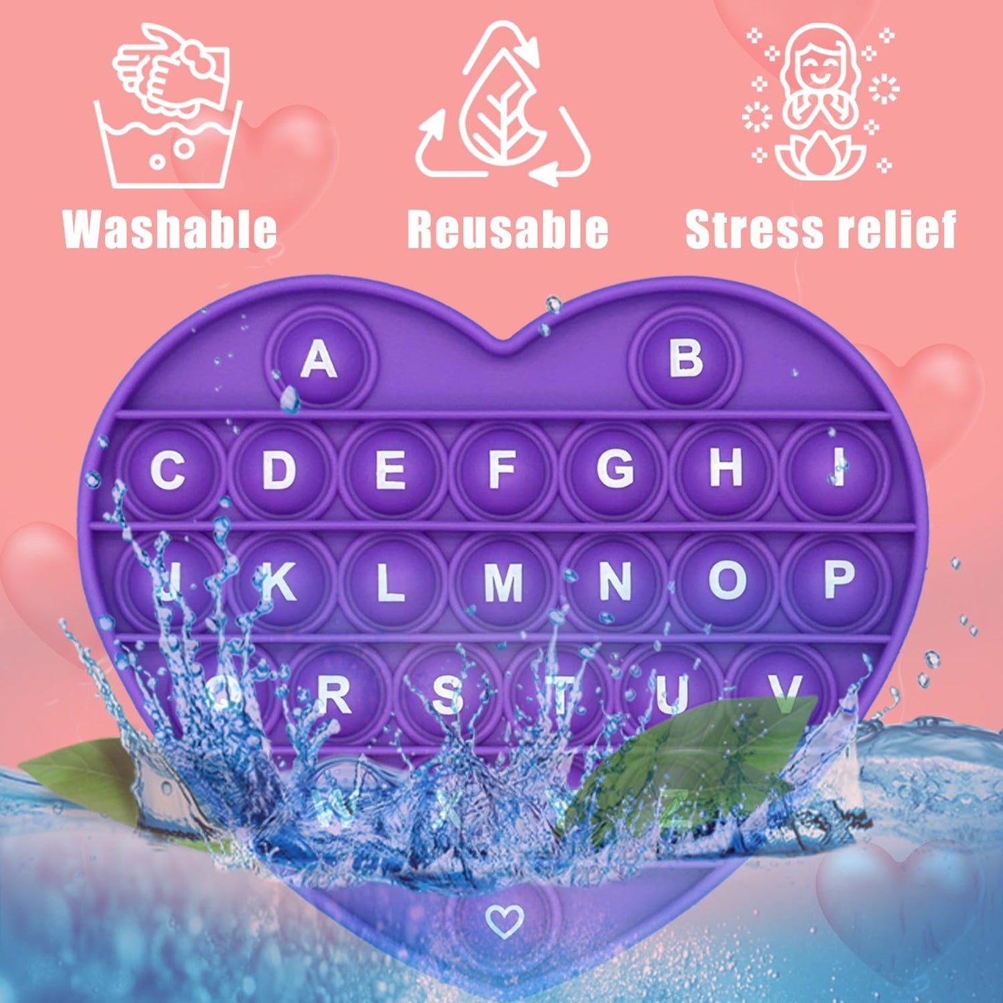 Purple Heart Shaped Pop Bubble Valentines Fidget Toy with Letters and Numbers, Xmas Gift Sensory Toy with Alphabets Kids Birthday Party Classroom Prize Stress Reliever