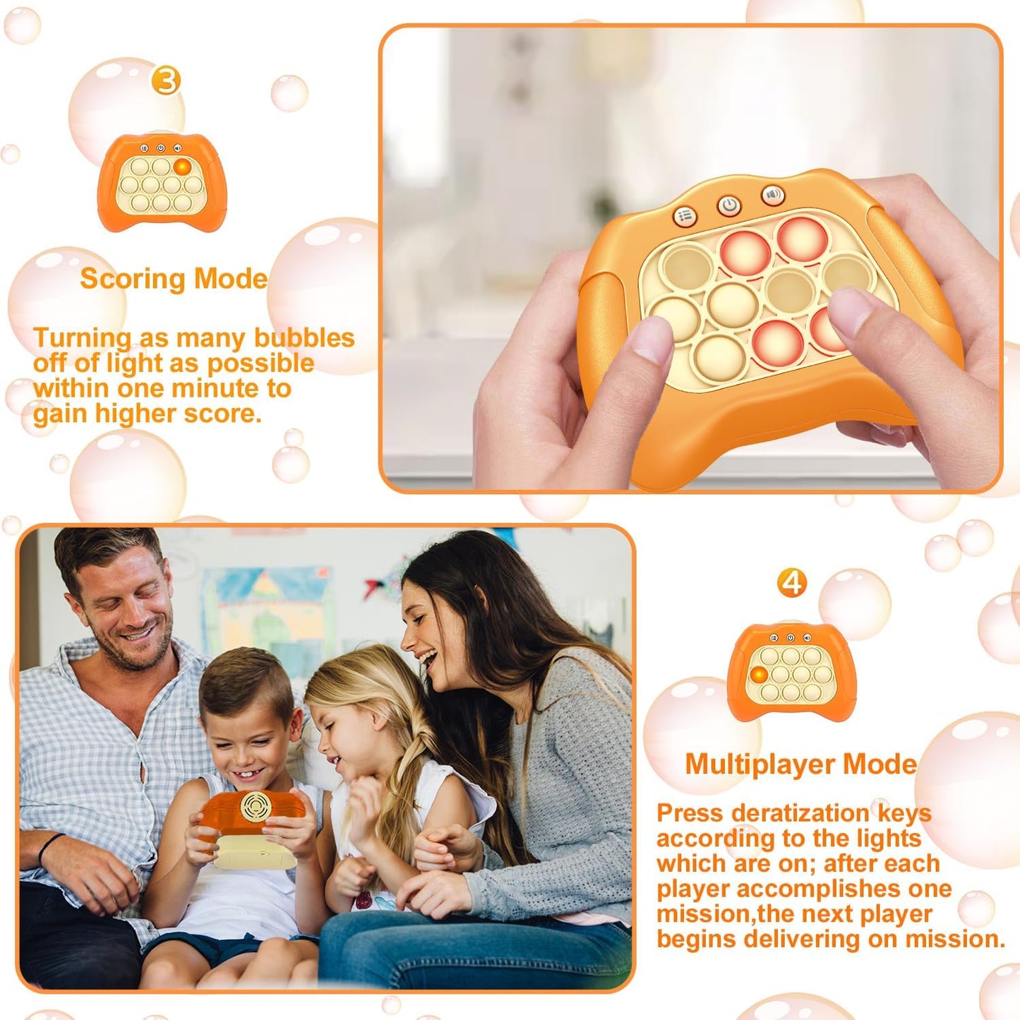 Quick Push Puzzle Game Machine Pop Fidget Light-Up Squeeze Poppet Sensory Toy Educational Push Pop Bubble Toy Stress Relief Party Favors Puzzle Game for Kids Teens Adults （Orange）