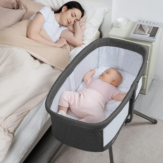 ANGELBLISS 3 in 1 Rocking Bassinet & Baby Bassinet Bedside Sleeper, One-Second Convert Travel Portable Bassinet Newborn Baby (Black)