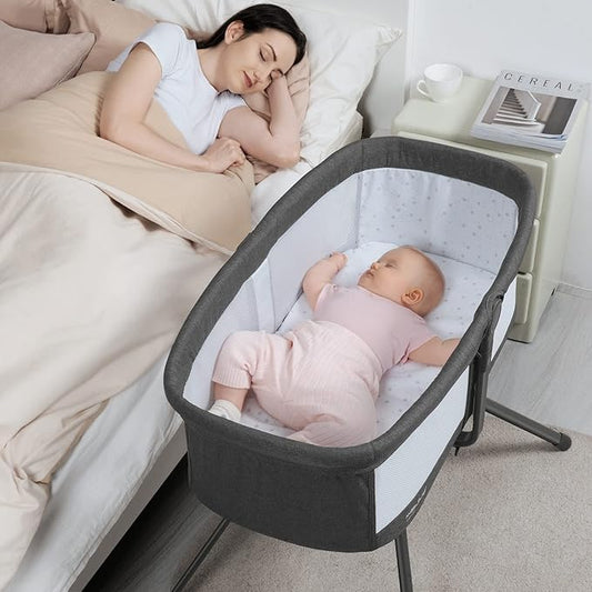 ANGELBLISS 3 in 1 Rocking Bassinet & Baby Bassinet Bedside Sleeper, One-Second Convert Travel Portable Bassinet Newborn Baby (Black)
