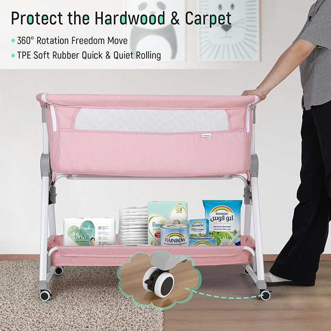 Cowiewie Bassinet Bedside Sleeper, Baby Bassinet with 7 Adjustable Height, Bedside Bassinets for Baby with Breathable Mesh Sides & Mattress, XL Storage, Easy Folding Crib (Pink and White)