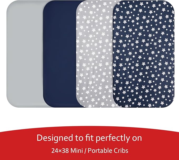 Mini Portable Crib Sheets for Boys (38" X 24") 4 Pack, Compatible with Dream on Me, Delta Porta Crib and Arms Reach Ideal Cosleeper