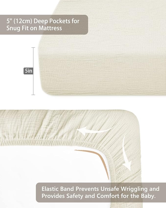 Mini Crib Sheets for Baby, Fitted Pack N Play Mattress and Mini Cribs 24" x 38", Neutral Muslin Cotton Mini Crib Mattress Sheet with Boho Style, Soft and Breathable Comfort (Cream)
