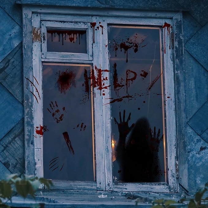 2 Sheets Halloween Window Clings Scary Ghost Window Stickers Decals Double-Sided DIY Glass Stickers Bloody Handprints Female Ghost Shadow Designs Spooky Halloween Party Decor Supplies