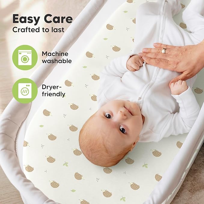 2-Pack Organic Bassinet Sheets for Girls, Boys - 100% Cotton Bassinet Mattress Sheets Compatible with Halo Bassinest Swivel Sleeper, Graco, Baby Delight, Chicco, Fitted Bassinet Sheets (Nibble/Bruce)
