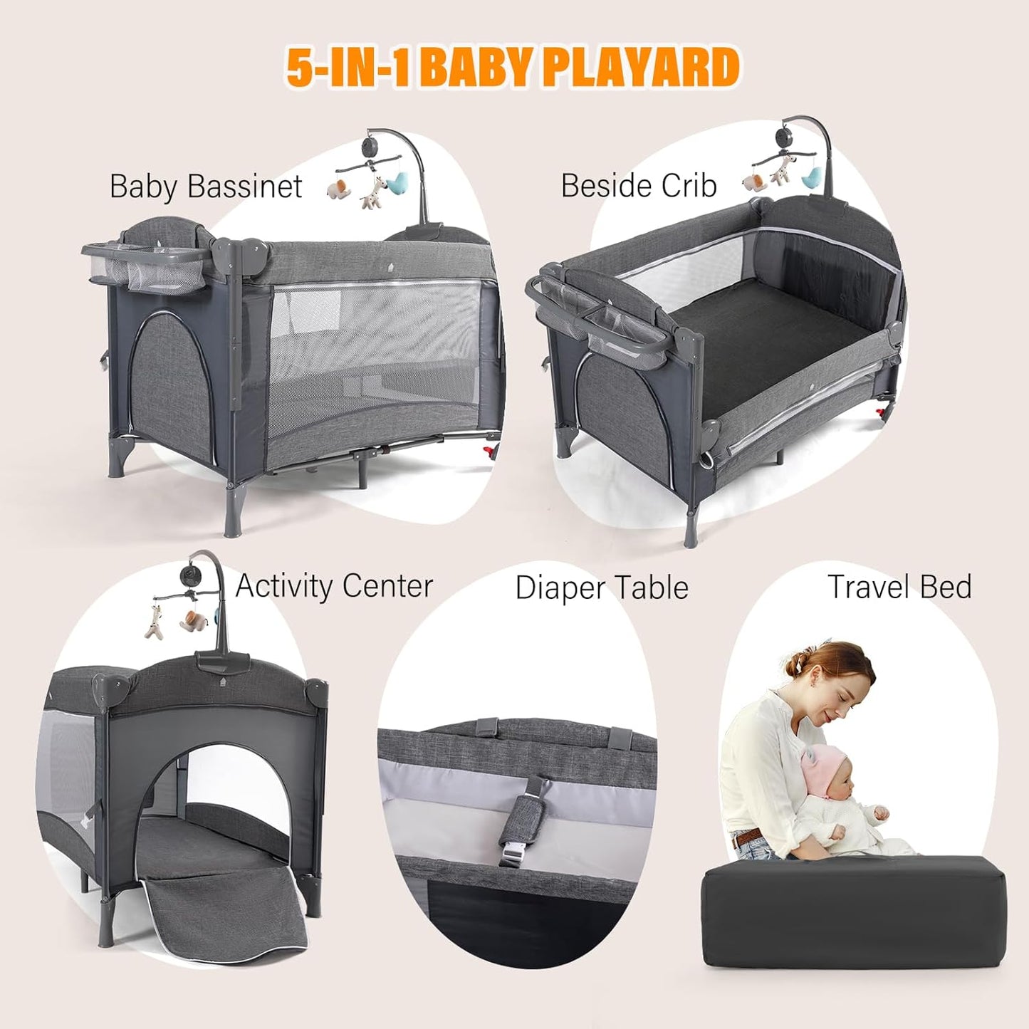 5 in 1 Baby Bassinet, Bedside Cribs, Pack and Play Changing Table, Portable Travel Baby Bassinet Toys & Music Box,Mattress for Girl Boy Infant Newborn (Grey)