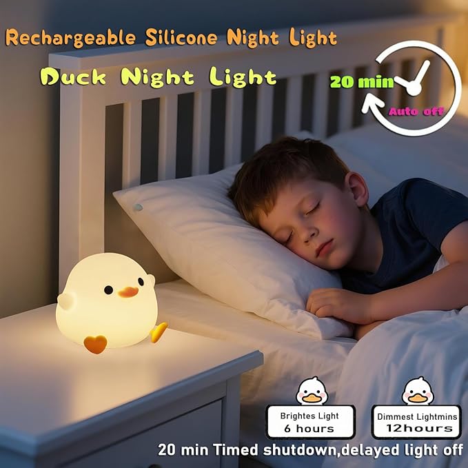 HAPPYBAG Cute Pea Duck Night Light,Duck Lamp,2 Levels Dimmable Silicone Ducky Light,LED Squishy Animal Light for Kids Sleep,Rechargeable Bedside Touch Lamp, Kids Room Decor Gift Toy