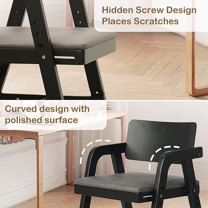 Solid Wood High Chair for Toddlers to Teens, Adjustable Height Toddler Dining Chair, Easy to Clean Toddler Highchair with Removable PU Cushion for Dining, Studying, Step Tool, Black