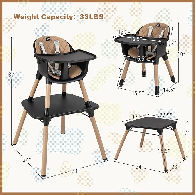 BABY JOY High Chair, 5 in 1 Convertible Highchair for Babies & Toddlers | Booster Seat | Table and Chair Set | Infant Feeding Chair with Removable Tray, Safety Harness, Removable Cushion (Brown)