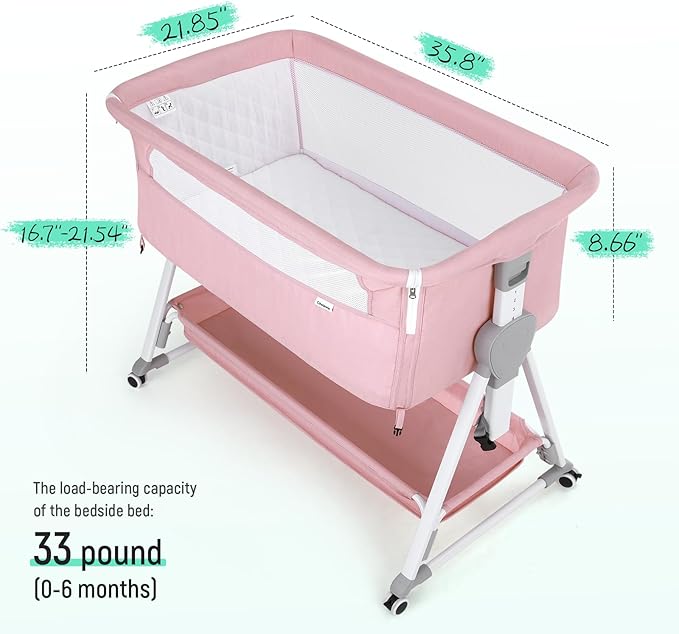 Cowiewie Bassinet Bedside Sleeper, Baby Bassinet with 7 Adjustable Height, Bedside Bassinets for Baby with Breathable Mesh Sides & Mattress, XL Storage, Easy Folding Crib (Pink and White)