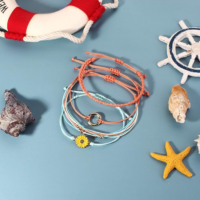 FANCY SHINY Sunflower String Bracelet Boho Braided Rope Wrap Bracelets Cute Summer Beach Surfer Jewelry for Women Christmas Gifts