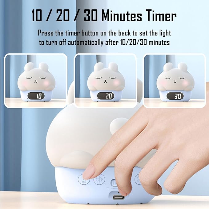 Cute Bunny RGB Rechargeable Night Light, Soft Silicone Lampshade, Adjustable Brightness LED Clock, Date, Alarm, Thermometer, Timer, Tap Control, Bedroom Lamp, Gift for Girl and Kid (Blue Bunny)