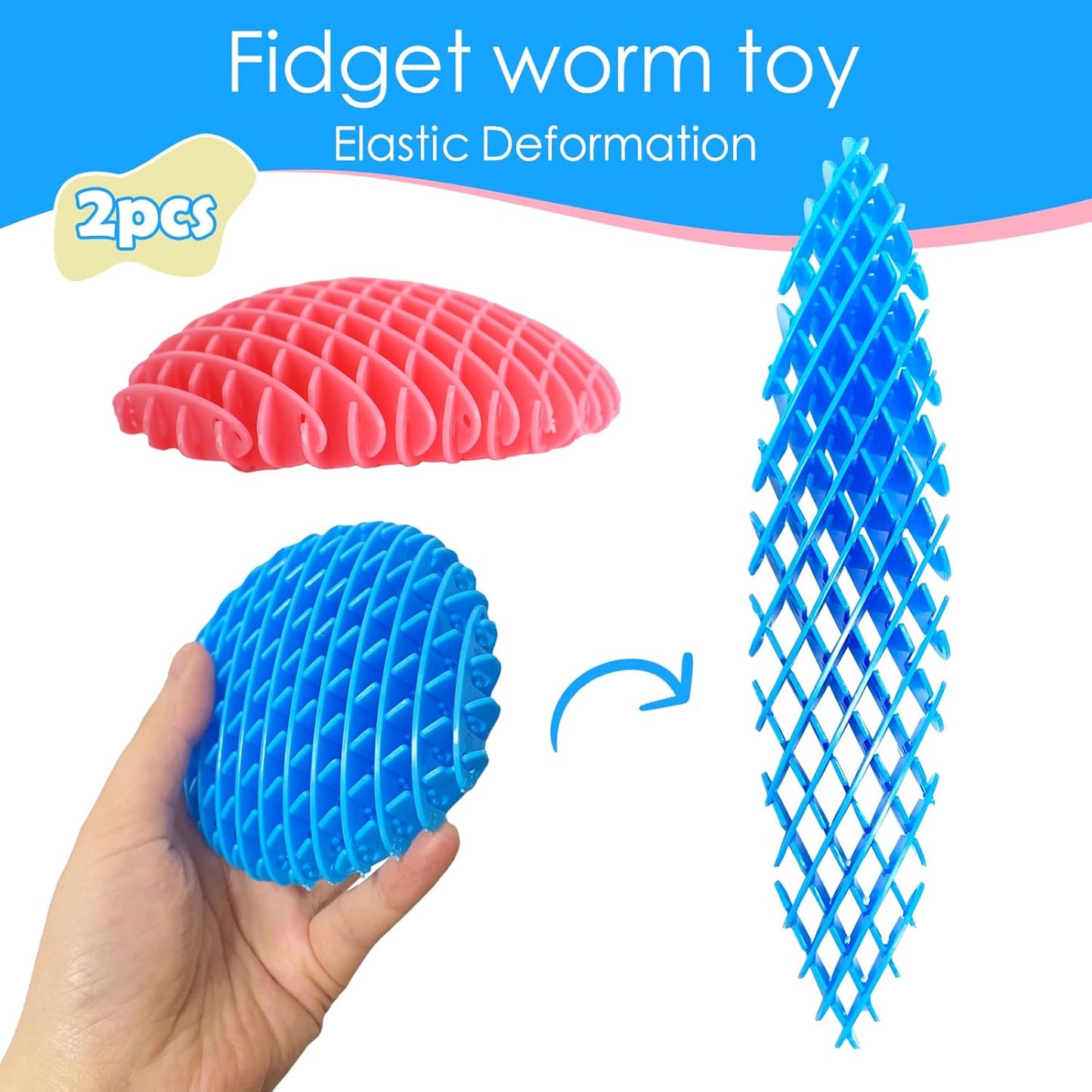 Fidget Worm Toy 2 Pack, Sensory Slug Fidget Toy, Funny Pocket Fidget Toy, Resistance Fidget Toy Anxiety & Stress Relief Toys, EDC Executive Desk Toys (Pink+Blue)