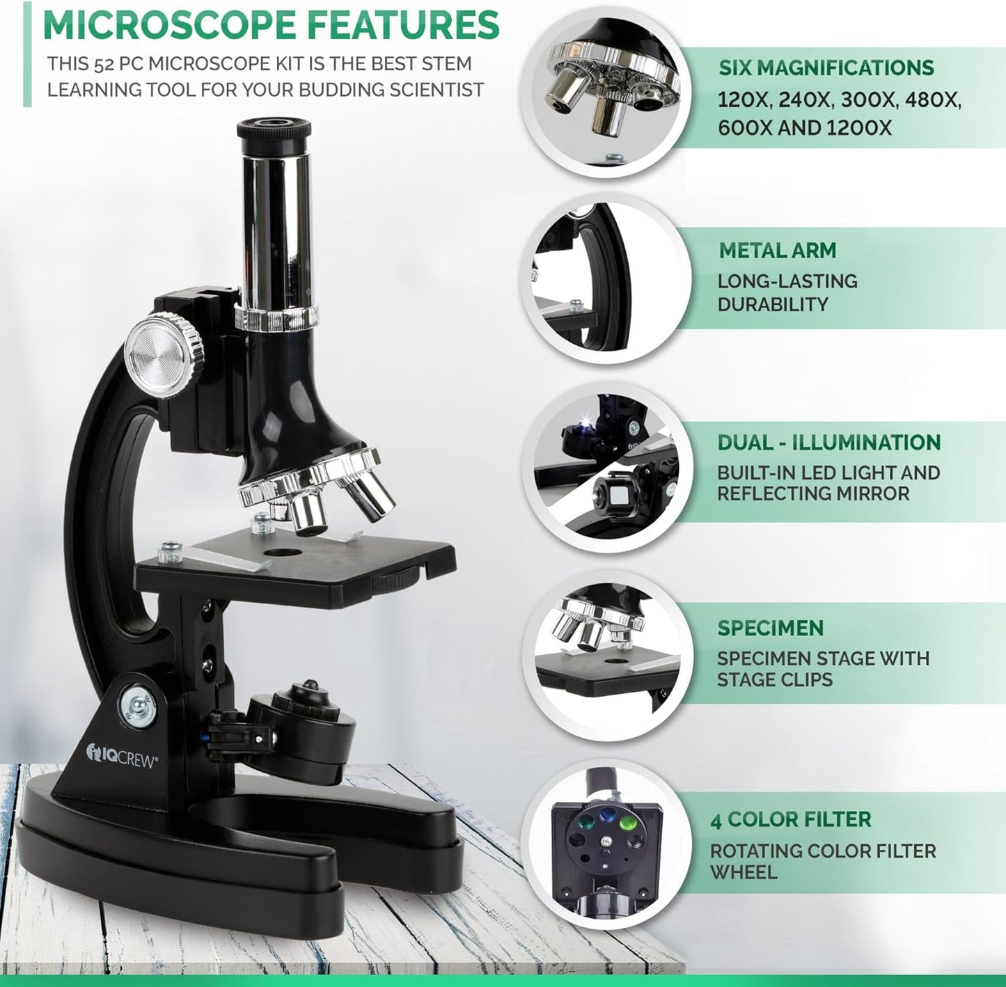 AmScope M30 Series 52-Piece STEM Microscope Kit for Kids - Monocular, Portable Compound Microscope for Kids - Includes Petri Dish, Slides & More - Black