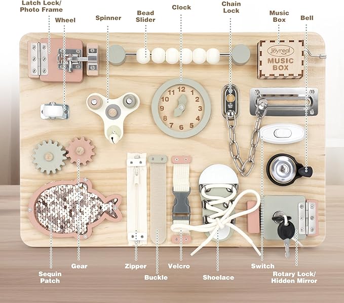 Joyreal Montessori Large Busy Board with Stand, Montessori Sensory Toys for Fine Motor Skills, Wooden Fidget Activity Board for Toddlers, Gifts for Boys Girls (Large Neutral)