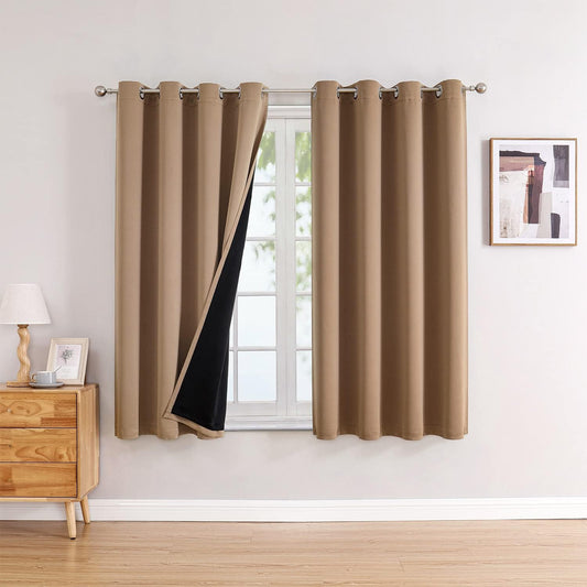 ChrisDowa 100% Blackout Curtains for Bedroom with Black Liner, 2 Thick Layers Total Blackout Thermal Insulated Grommet Window Curtains 2 Panels Set (Cappuccino, 52 x 63 Inch)