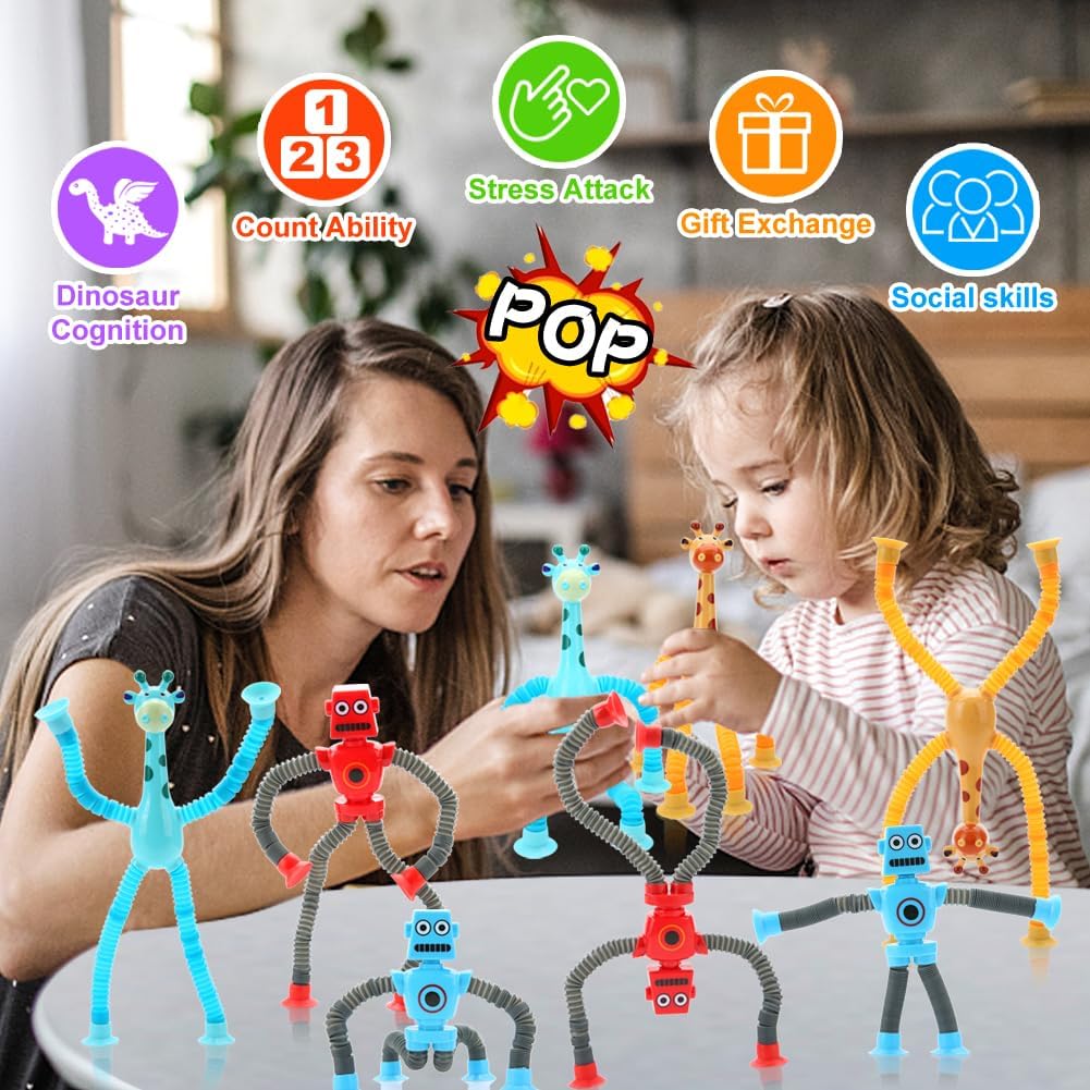 8 Pack Pop Tubes, LED Telescopic Suction Cup Fidget Toy for Kids, Shape Change Telescopic Sensory Toys for Anti Anxiety Girls Boys Toddlers Treasure Box Classroom Prizes Gifts Party Favor 3-8 8-12