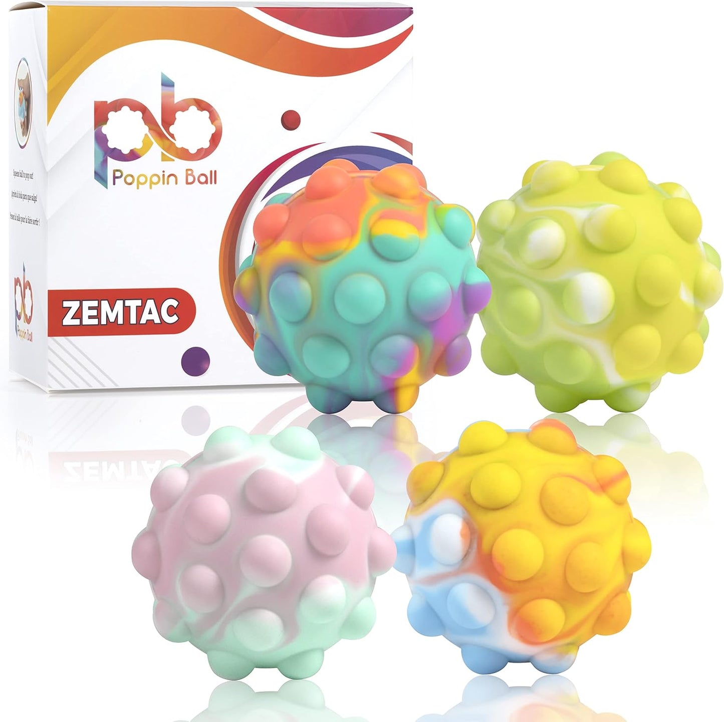 Poppin Ball Fidget Toy - Pop Push It Stress Balls - 3D Bubble Toy - Squeeze to Pop Out (4 Pack)