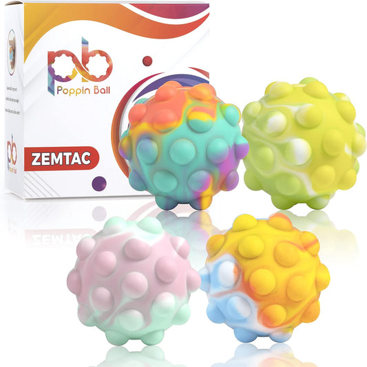 Poppin Ball Fidget Toy - Pop Push It Stress Balls - 3D Bubble Toy - Squeeze to Pop Out (4 Pack)