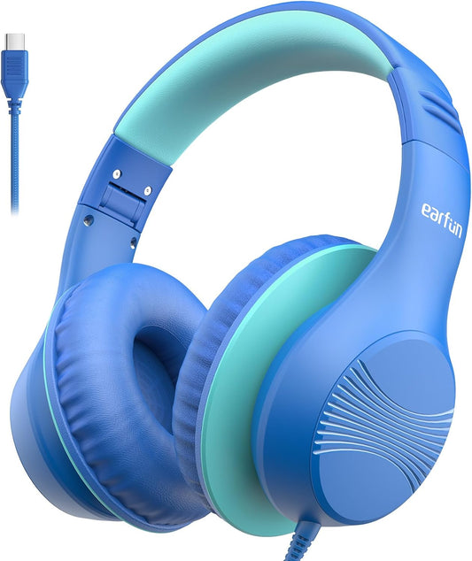 EarFun K3 Kids Headphones, Over Ear Headphones for Kids, Volume Limit, HD Stereo Sound, USB-C Cable, Comfortable Fit, Foldable Wired Headphones for School/Travel/Boys/Girls/Tablet/iPad, Blue