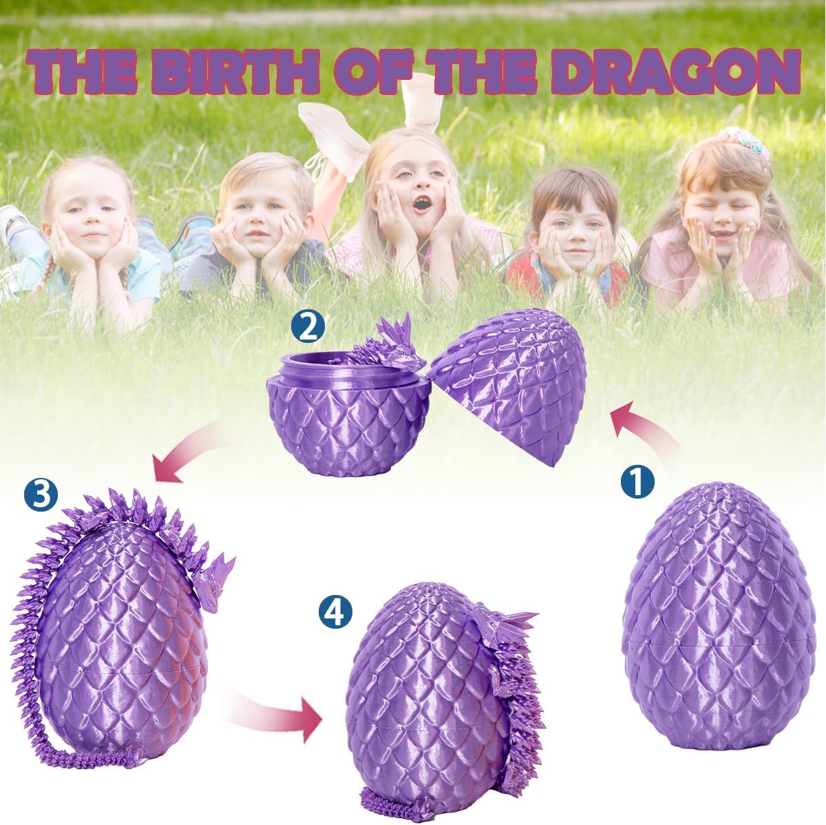 3D Printed Dragon Eggs with Dragon Inside, 12In Silk Purple Dragon Egg Fidget Toy, Executive Desk Articulated Dragon Toy, Home Office Decoration