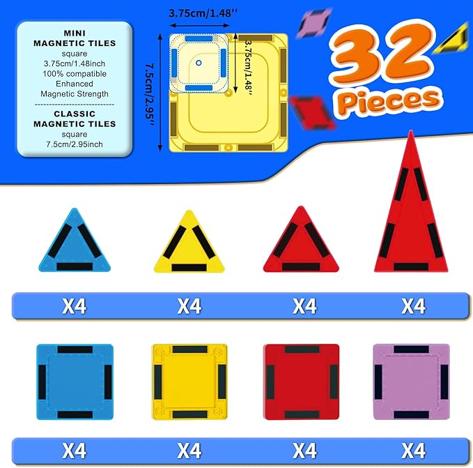 Mini Magnetic Tiles for Kids, Magnetic Building Set, Construction STEM Travel Toys for Boy Girl Ages 3+, Montessori Preschool Learning Educational Sensory Magnet Creative Toy Gift for Toddlers, 32 Pcs