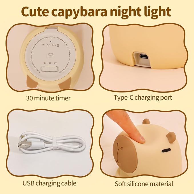Capybara Night Light, Cute Squishy Silicone Night Light for Kids, Long-Lasting Rechargeable, Tap to Adjust Brightness, Safe Capybara Gifts for Bedroom Nursery, Capybara Lamp