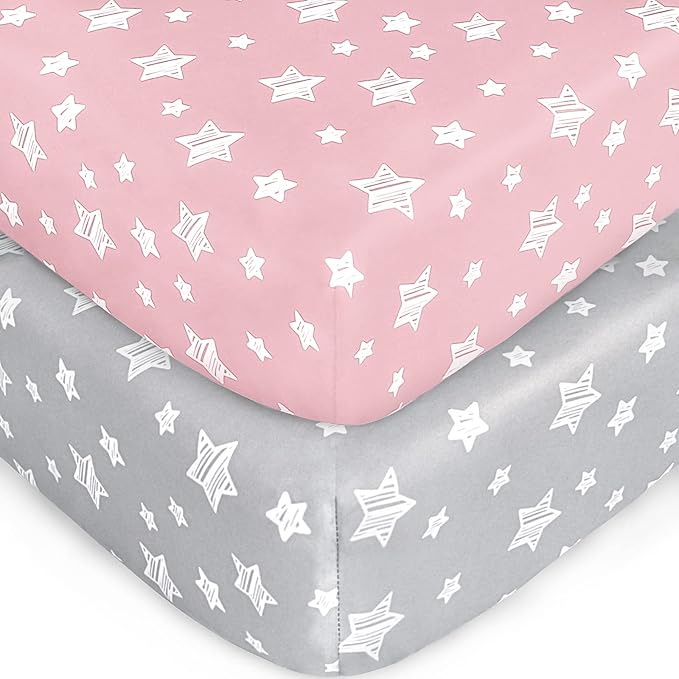 Crib Sheets for Girls 2 Pack, Fitted Crib Sheet for Standard Size Crib and Toddler Mattresses, Soft and Breathable Material, Grey & Pink
