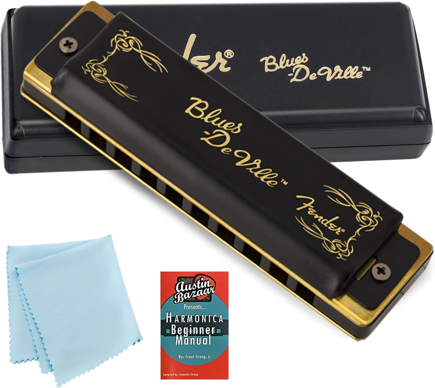 Fender Blues DeVille Harmonica - Key of G Bundle with Carrying Case, Austin Bazaar Online Manual, and Polishing Cloth