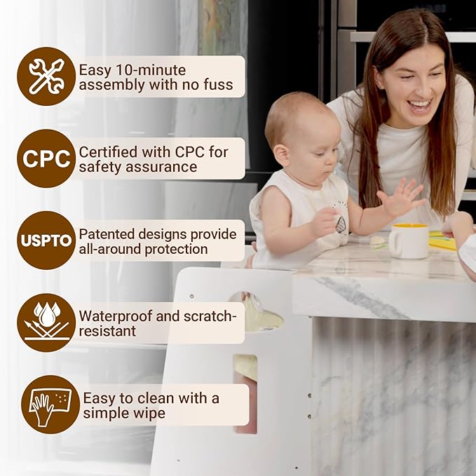 COSYLAND Toddler Standing Tower Adjustable Height - Super Stable Kids Kitchen Stool Helper - 3 Levels Adjustable Wooden Toddler Kitchen Stool (Natural & White)