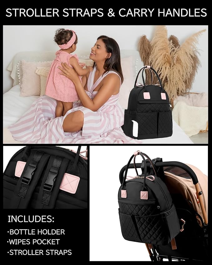 18 Pockets Large Diaper Bag Backpack with Waterproof Pockets and Stroller Buckle, Convertible Baby Bag (Black-pink, Medium)