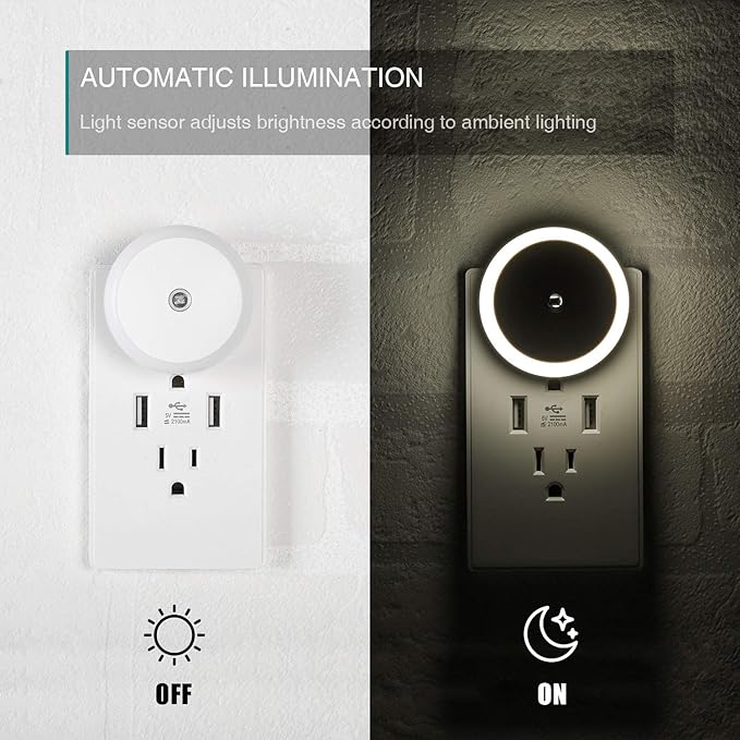 myCozyLite LED Night Light Plug in, Dusk to Dawn Sensor, Auto Dim, Energy Saving, Cool White, Nightlight Plug into Wall for Bathroom, Hallway, Kitchen, Stairway, Round, 2 Pack