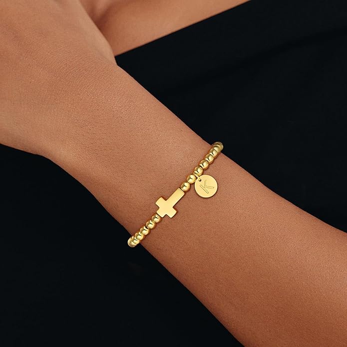 Gold Initial Bracelets for Women Girls Kids, Dainty 18K Gold Plated Cross Initial Bracelet Non Tarnish Beaded Bracelets Personalized Birthday Gifts for Women Girls Jewelry