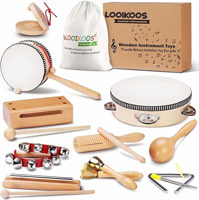 LOOIKOOS Toddler Musical Instruments Montessori Natural Wooden Percussion Instruments for Kids Preschool Educational Musical Toys Set for Boys and Girls with Storage Bag