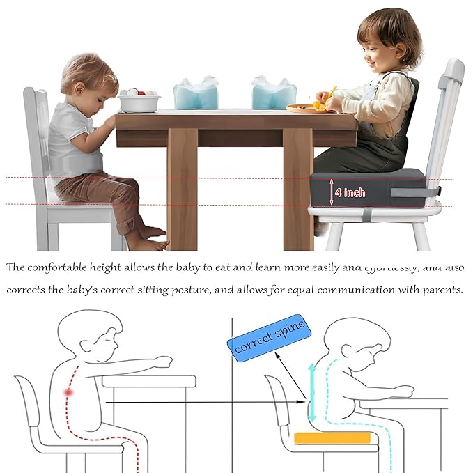 Booster Seat for Dining Table, PU Anti-Scratch Easy Cleaning Kids Toddler Booster Seat for Table, Portable Increasing Booster Cushion with Non-Slip Bottom and Adjustable Elasticity Straps