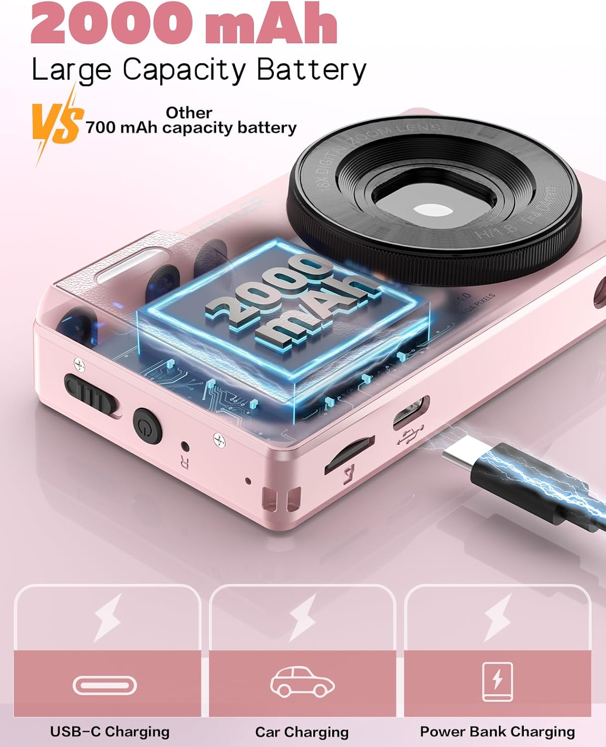 Digital Camera with Front Rear Lens, Autofocus 64MP 4K Camera for Photography with 32GB Card, Portable Compact Point and Shoot Camera for Teens Adult Beginner with Metal Shell, 2000mAh Battery