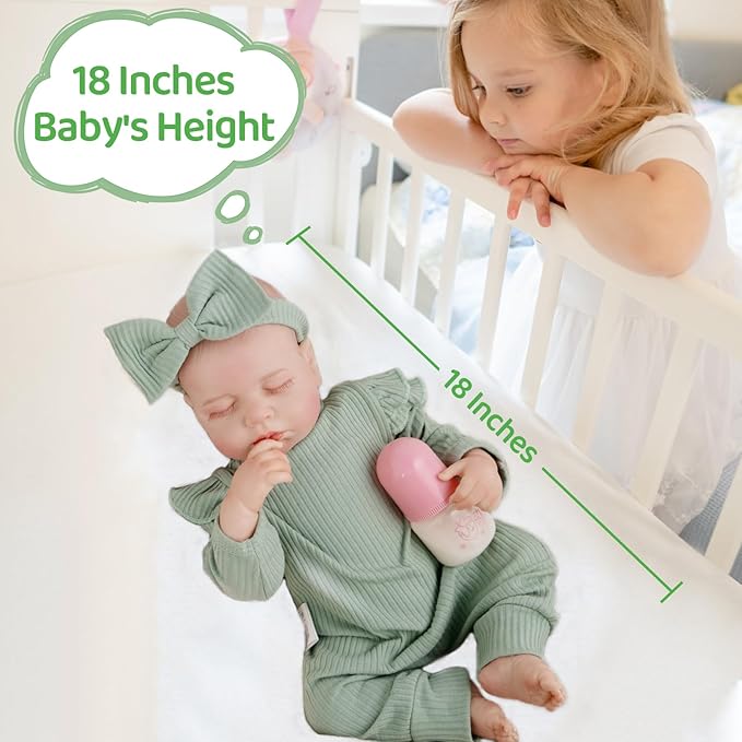 Jirachi Lifelike Reborn Baby Dolls, 18 Inch Real Life Soft Body Sleeping Newborn Baby, Realistic Reborn Baby Girl with Toy Accessories for Girls Green
