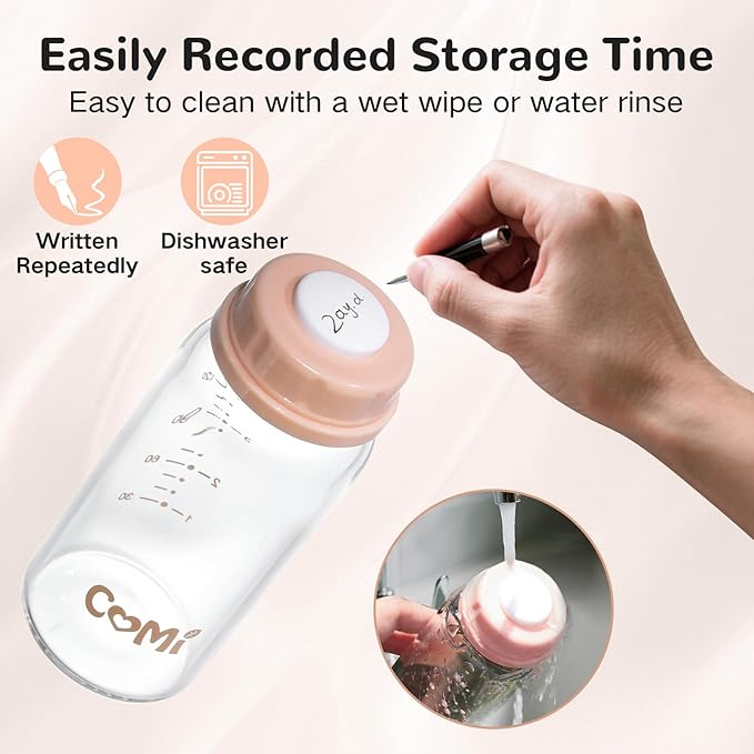 COMI Natural Glass Baby Bottle,Standard Neck Breastmilk Storage Bottle for Fridge,Breast Milk Container,Breast Pump Bottle Compatible with Medela Breast Pump,BPA Free,6PCS (5oz,6 Pink Lids)