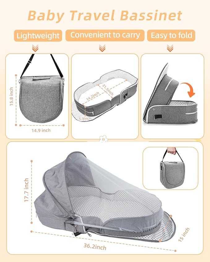 Baby Travel Bassinet Portable Bassinets: Foldable Lightweight Travel Pod Infant Bassinet with Mosquito and Canopy Outdoor Newborn Essentials Gift