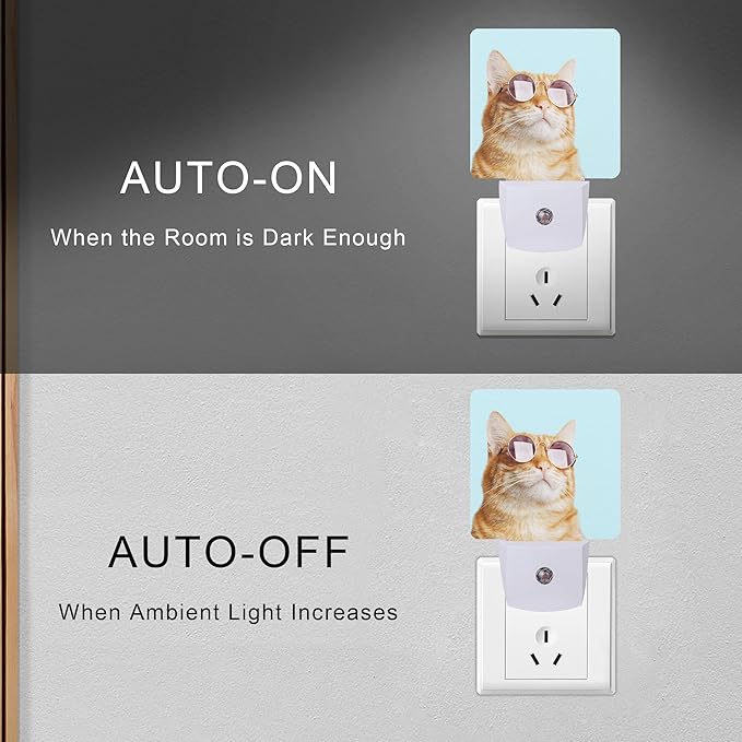 Glasses Cat Night Light Plug-in LED Nightlights Auto Sensor Night Lamp Dusk-to-Dawn Lamp Home Decor for Nursery Children Girls Boys