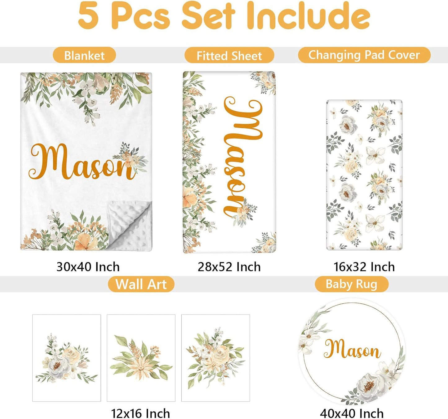 Custom Baby Crib Set - 5 Pcs Personalized Name Flowers Crib Bedding Set for Infants Toddlers - Soft Double Layer Nursery Bedding Set for Girls Boys - Customized Gifts for Baby Shower Birthday