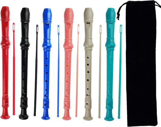 6 Pack German Style 8 Hole-3 Piece Descant Soprano Recorders with Cleaning Rod, Black Storage Bag, ABS Material (6 Colors)