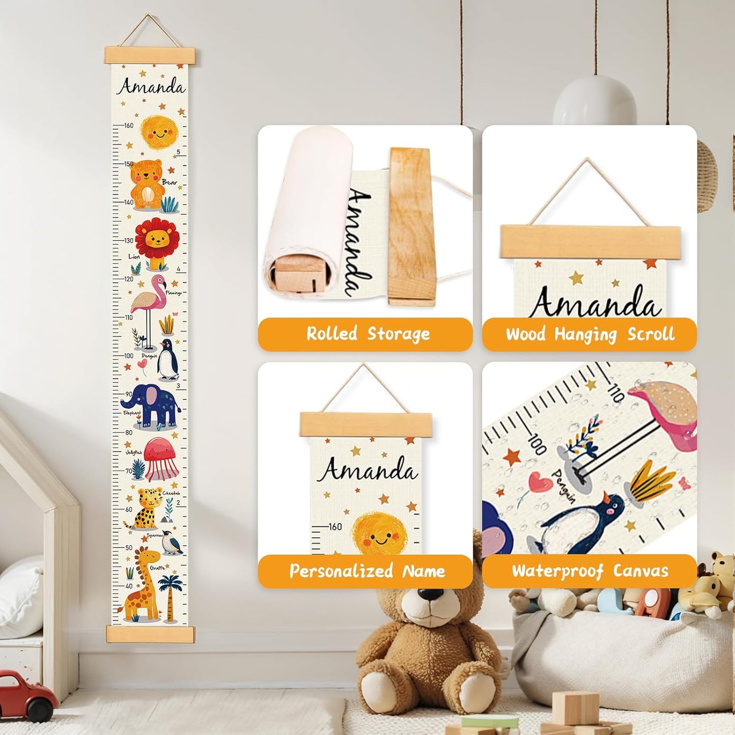Personalized Name Growth Chart Wall Decor for Kids – Canvas Removable Height Chart Measuring Ruler 59" x 7.9" （Animals）