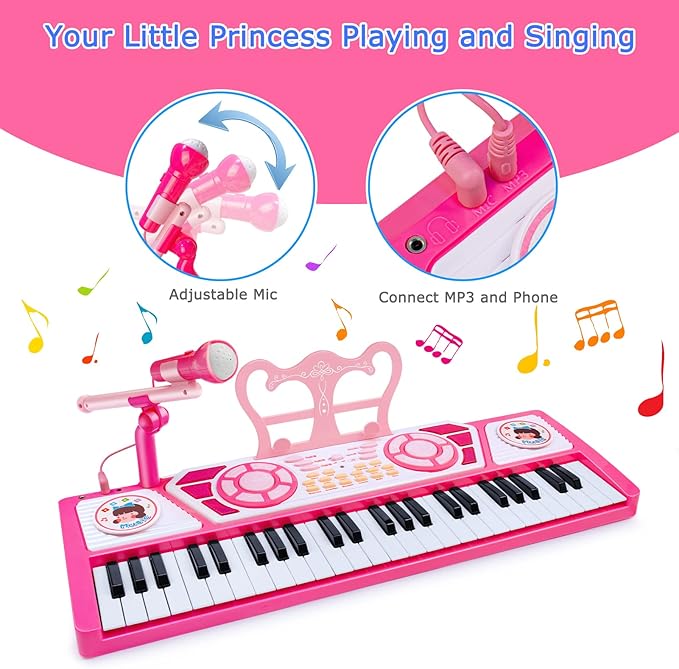 Toys for 3+ Year Old Girls Gift: 49 Keys Kids Piano Keyboard Multifunctional Educational Musical Instrument Toy with Microphone, Earphone, Dual Speakers, Birthday and Xmas Gifts for 3+ Girls Toys