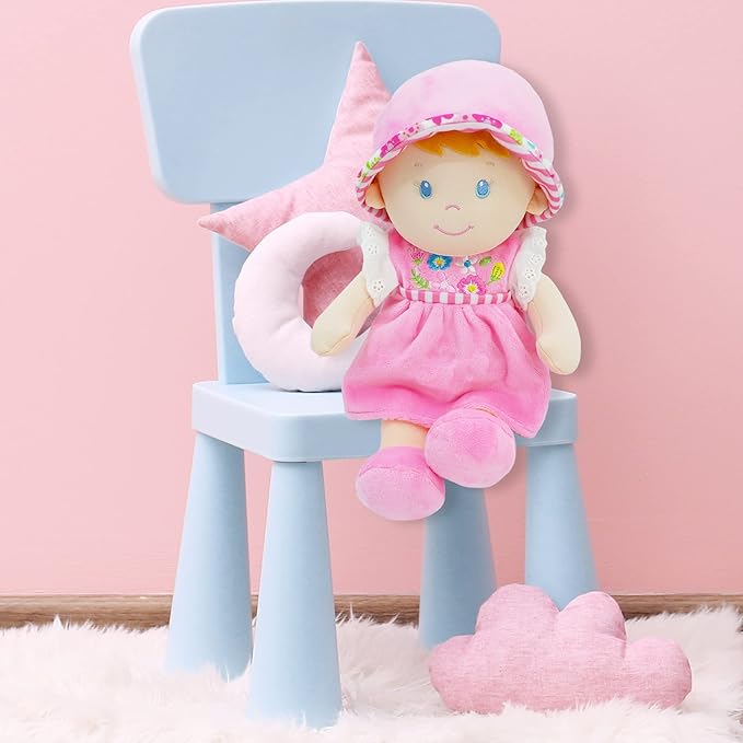 June Garden 12" Soft Dolly Emilia - Stuffed Soft Baby Doll Gift for 1 2 3 Year Old Girls - Pink Dress