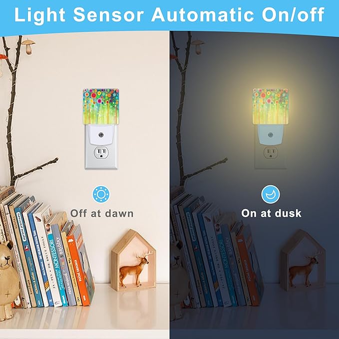 Abstract Floral Watercolor Painting Plug in Night Light with Auto Dusk to Dawn Sensor,Warm Night Lights for Boys Girls Bedroom Bathroom Hallway Kids Room Gifts