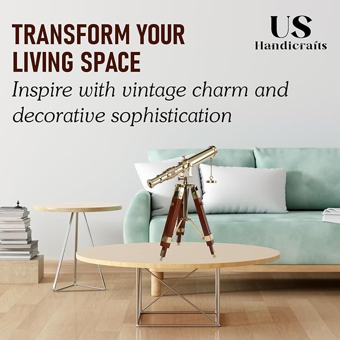 Vintage Brass Telescope on Tripod Stand – DF Lens Antique Desktop Telescope for Home Decor & Table Accessory | Nautical Spyglass for Navy & Outdoor Adventure