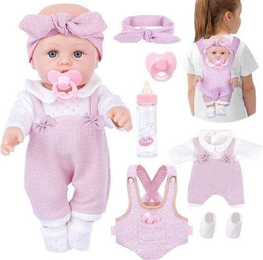12'' Baby Doll Playset with Clothes and Dolls Carrier Accessories Included Baby Carrier, Bottles, Nipple, Socks, Headbands